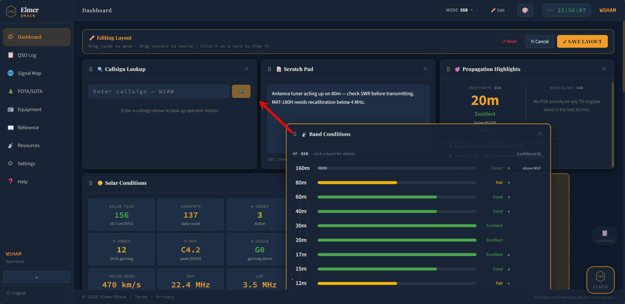 Dashboard in Edit Layout mode — yellow toolbar at top reads 'Editing Layout — Drag cards to move, drag corners to resize, click ✕ on a card to hide it' with Reset, Cancel, and Save Layout buttons. Band Conditions card is being dragged from one slot to another, with a red arrow showing the drop target